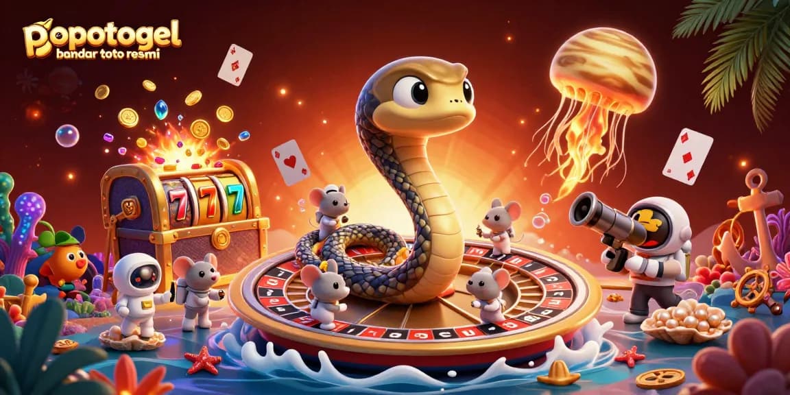 Engage with popotogel bandar toto resmi in a vibrant cosmic gaming scene featuring a roulette snake and astronaut mice.