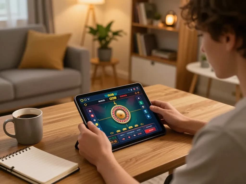 Player engaging with GO8 casino app in a cozy home environment, highlighting online gaming strategy.
