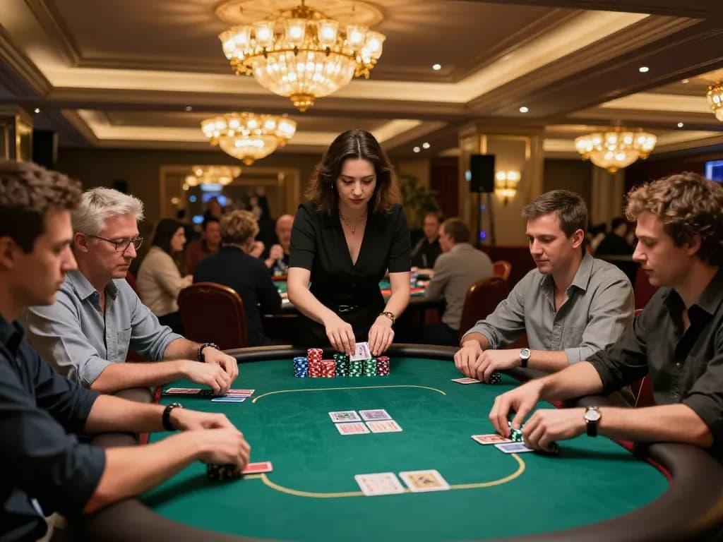 Players engaged at the poker table in okking nhà cái casino, capturing the excitement of high-stakes gambling.