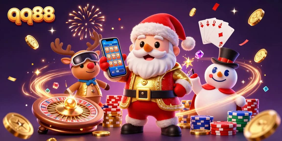 Experience thrilling gameplay at qq88 with Santa and friends celebrating jackpots in a glamorous casino scene.