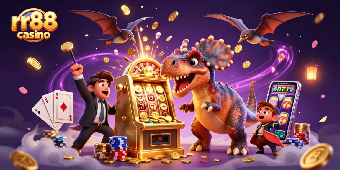 Experience the excitement at rr88 casino with a lively scene of cartoon dinosaurs and jackpot fun!