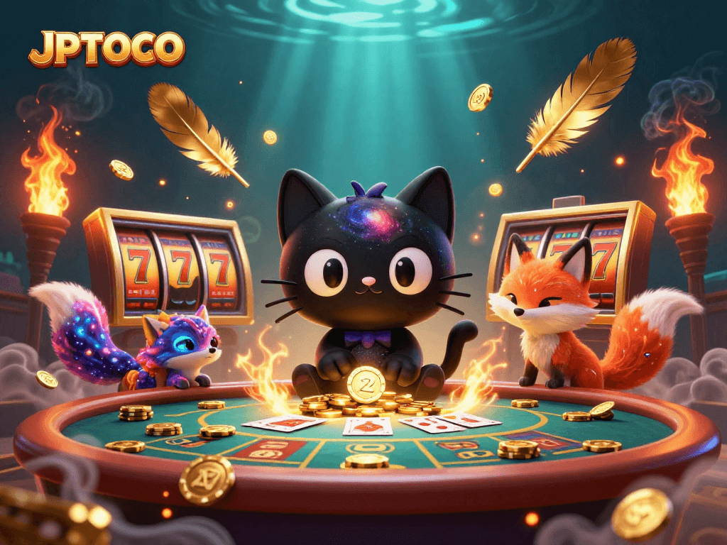 Engage in thrilling games at JPTOTO's cosmic casino table with swirling chips and cards.