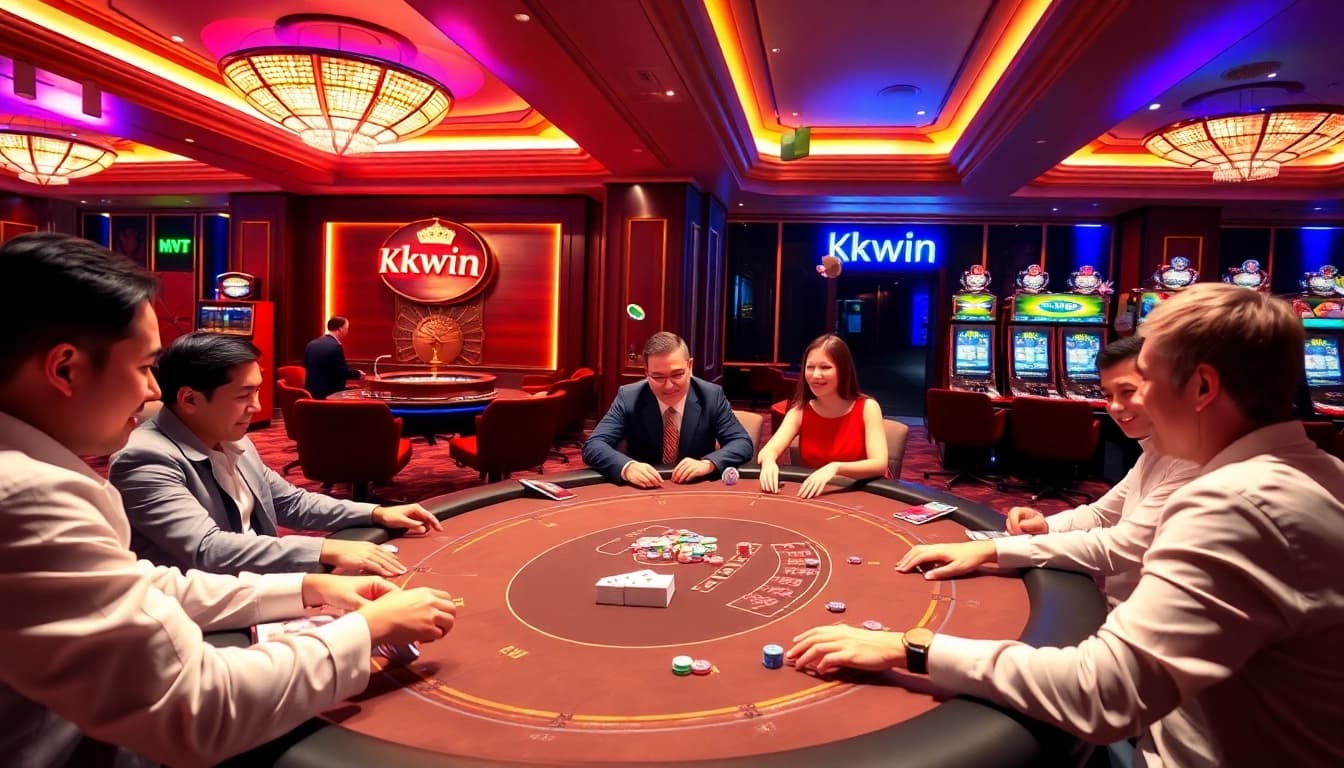 Kkwin casino table showcasing players celebrating wins with vibrant poker chips and stylish decor.