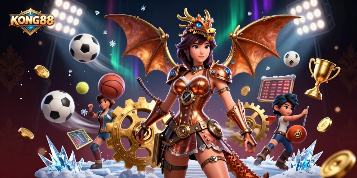 KONG88 invites players to engage with a stunning illustration of dynamic gambling action featuring sports elements and a mystical atmosphere.