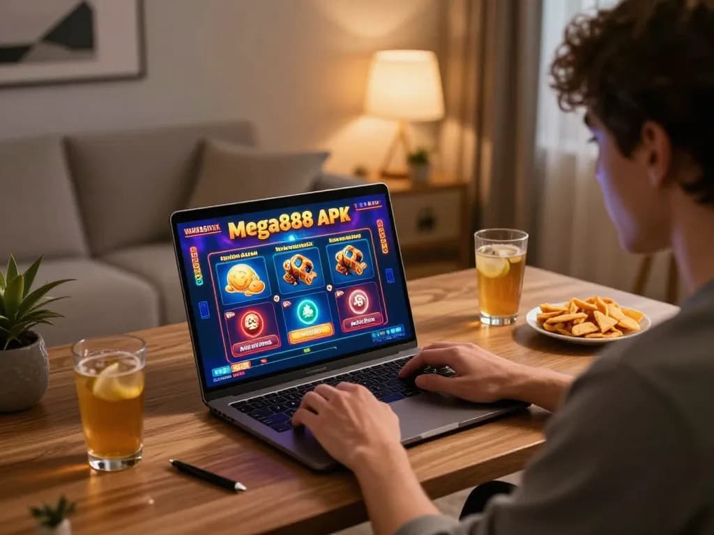 Engaging online gaming scene using the mega888 apk on a laptop, highlighting casino graphics and cozy atmosphere.