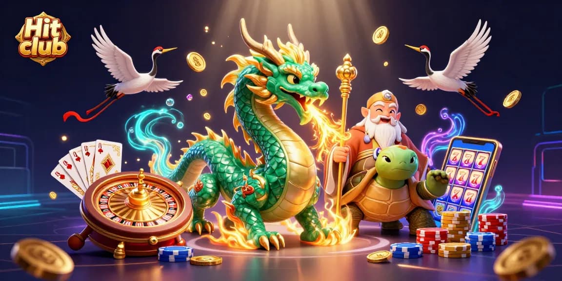 Immerse yourself in Hit club's thrilling gaming adventure with a striking dragon, sage, and lucky cranes.