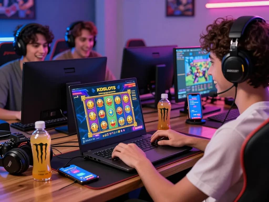 Engaging with kdslot online gaming platform in a cozy setting, showcasing colorful slot graphics and gaming accessories.