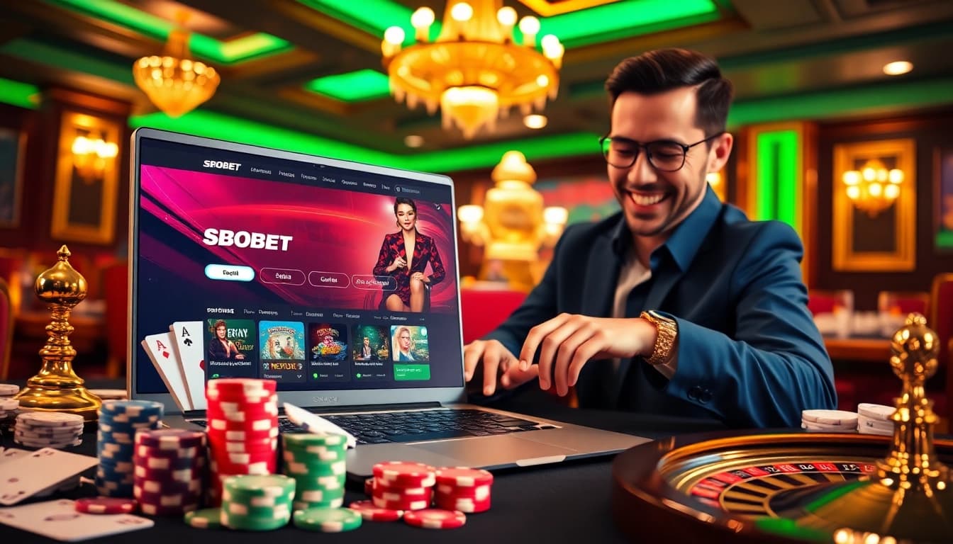 Exciting sbobet login indonesia scene with a gambler at a modern casino interface.