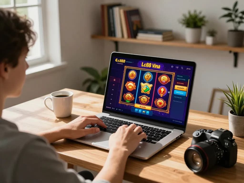 Player engaging in online casino gaming at Lc88 Vina with a modern gaming setup and vibrant screen display.