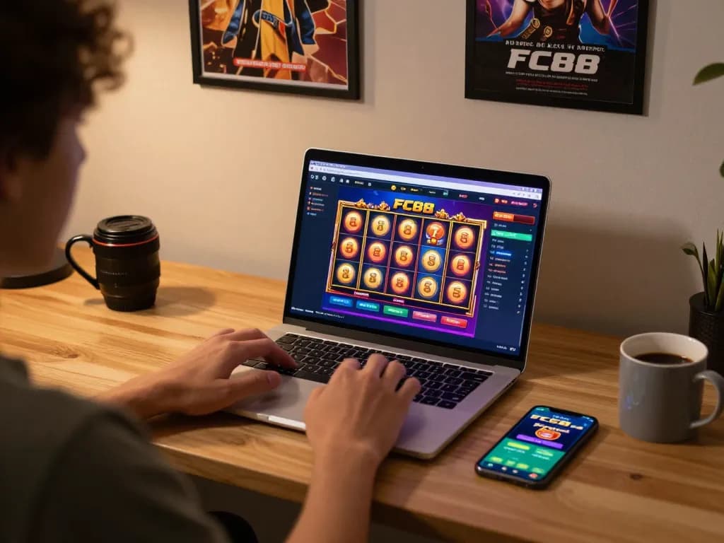 FC88 engaging online casino player enjoying a vibrant slot game on laptop with strategic notes.