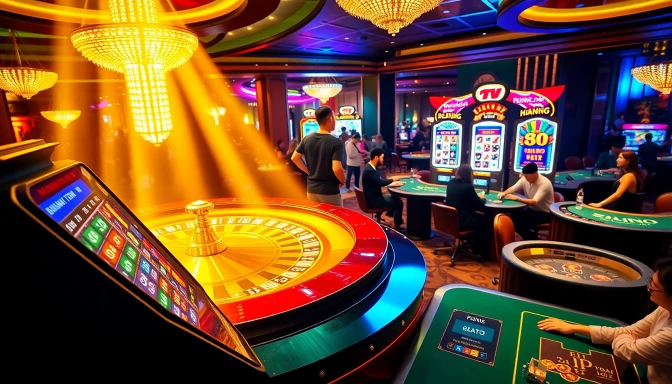 Nổ Hũ Đổi Thưởng experience with players excitedly engaging at vibrant casino tables and slot machines.