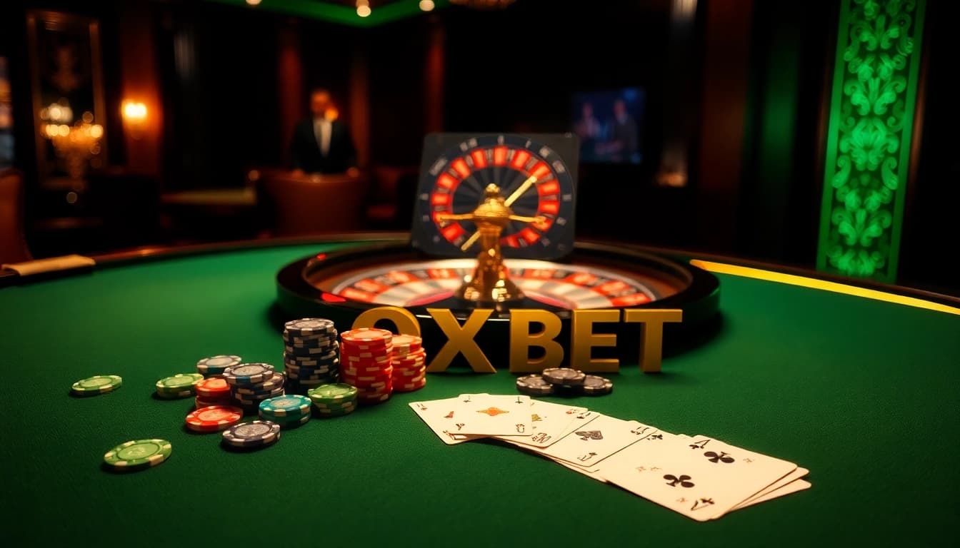 Experience thrilling gameplay at OXBET's luxurious casino, featuring vibrant poker chips and elegant tables.