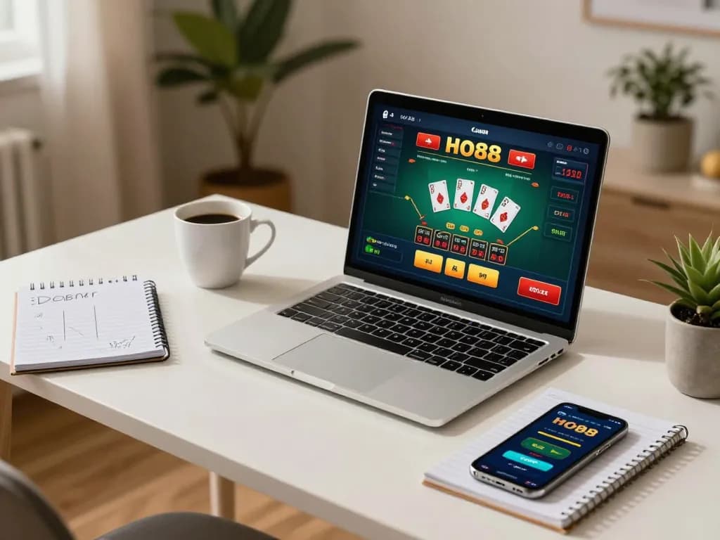 Experience thrilling ho88 blackjack gameplay on a stylish home setup with laptop and notes.