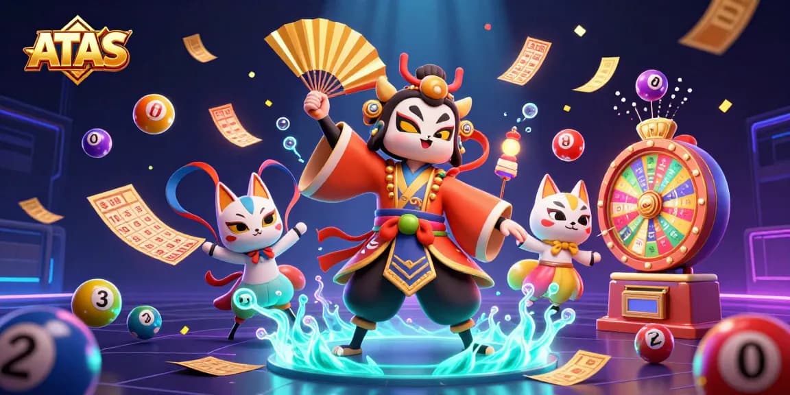 Play at ATAS with vibrant lottery elements and dynamic 3D characters showcasing a lively casino atmosphere.