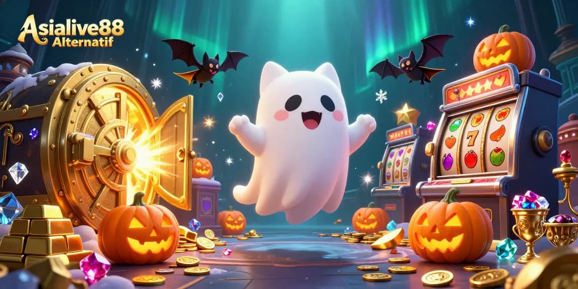 Experience thrilling gameplay with Asialive88 Alternatif as a ghost cat and vampire bat explore a magical casino.