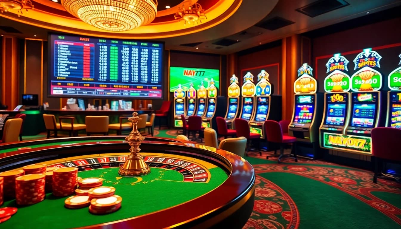 NA777 gamblers enjoying a high-stakes poker table with vibrant chips and cards in a luxury casino atmosphere.