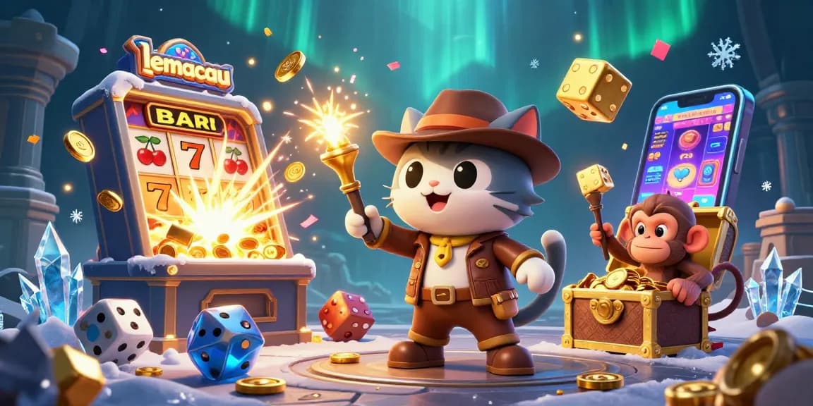 Spin to win at lemacau with an adventurous scene of a cat explorer and treasures in a vibrant casino