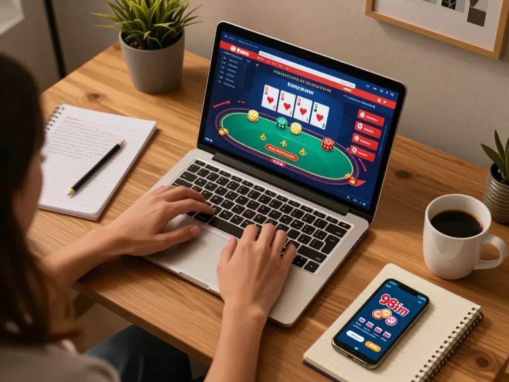 Player engaged in strategic gameplay on 98win casino, showcasing poker hands and betting actions in cozy environment.