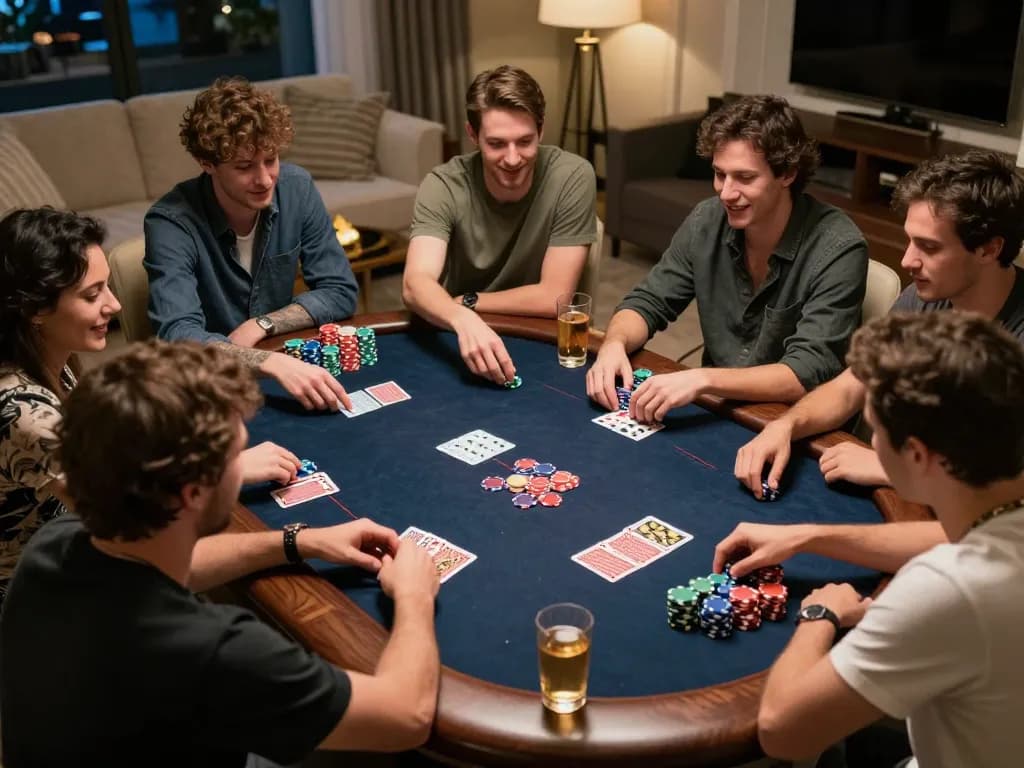 Players engaging competitively in a home poker night, highlighting gen-e themed strategies and camaraderie.