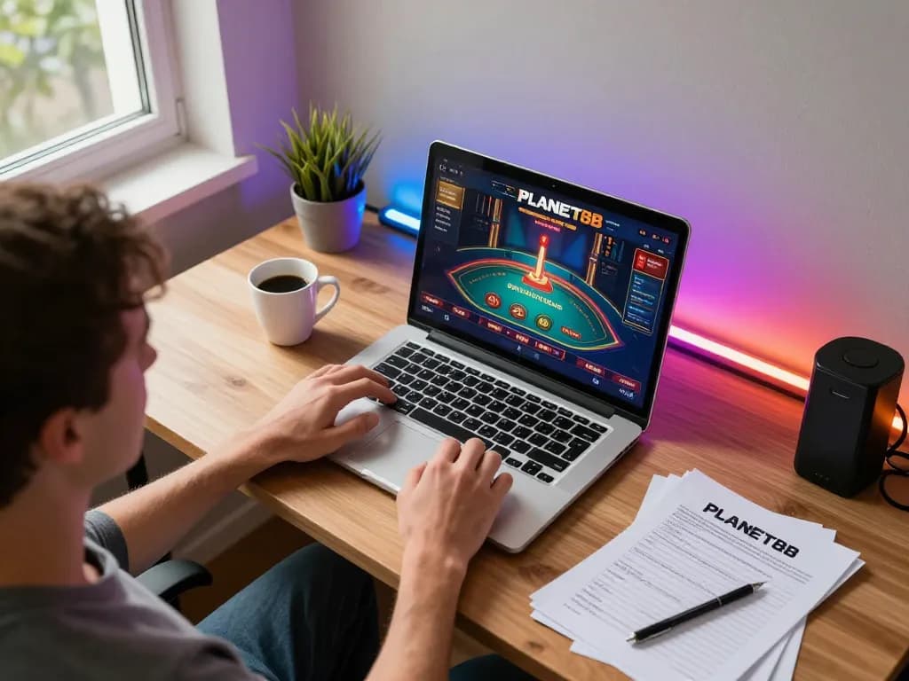 Engaged player exploring PLANET88 on laptop, showcasing responsible gaming atmosphere and strategic betting.