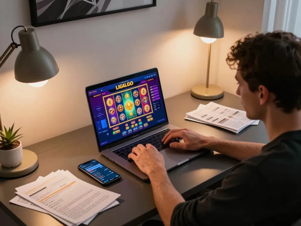 Engaging player focusing on LIGALGO online casino games at home, showcasing modern gaming setup.