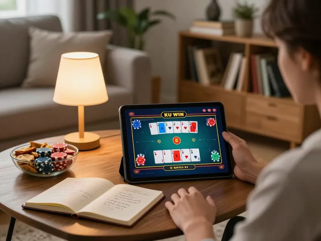 Person engaging in ku win poker online with strategy notes in a cozy living room.