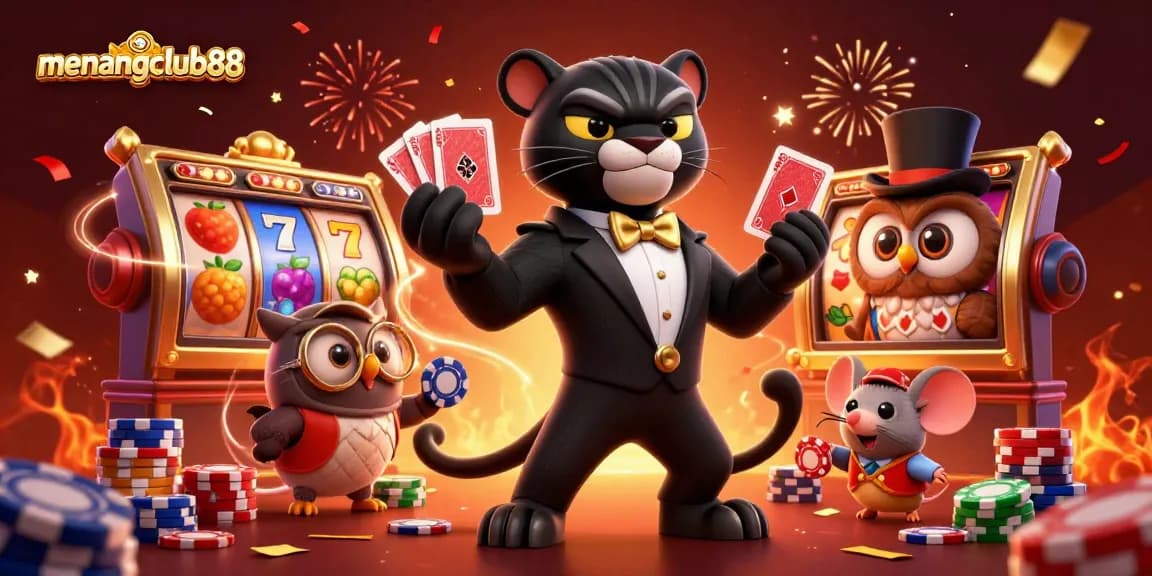 Experience the excitement of menangclub88 as the stylish panther deals cards surrounded by slot reels and festive decorations.