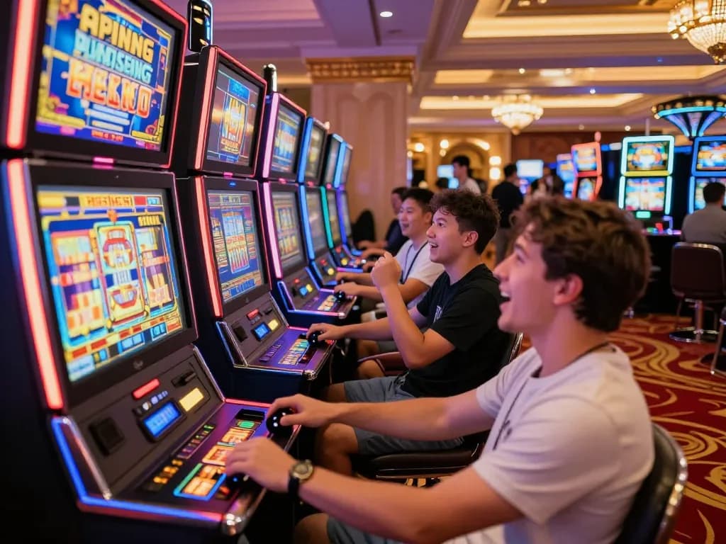 Players celebrating wins at slot88 gacor machines in a vibrant casino environment.