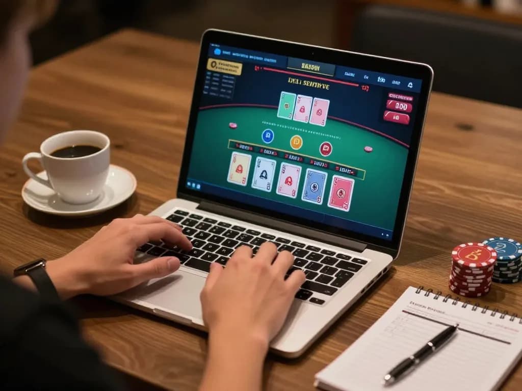 Engaged player using good88 for live dealer blackjack in a cozy online gaming setup.