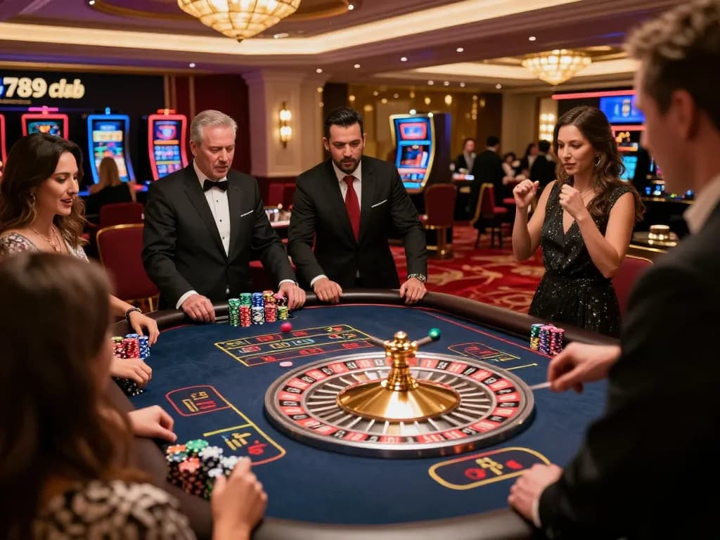 Players enjoying roulette action at 789club with vibrant casino atmosphere and cheering crowds.