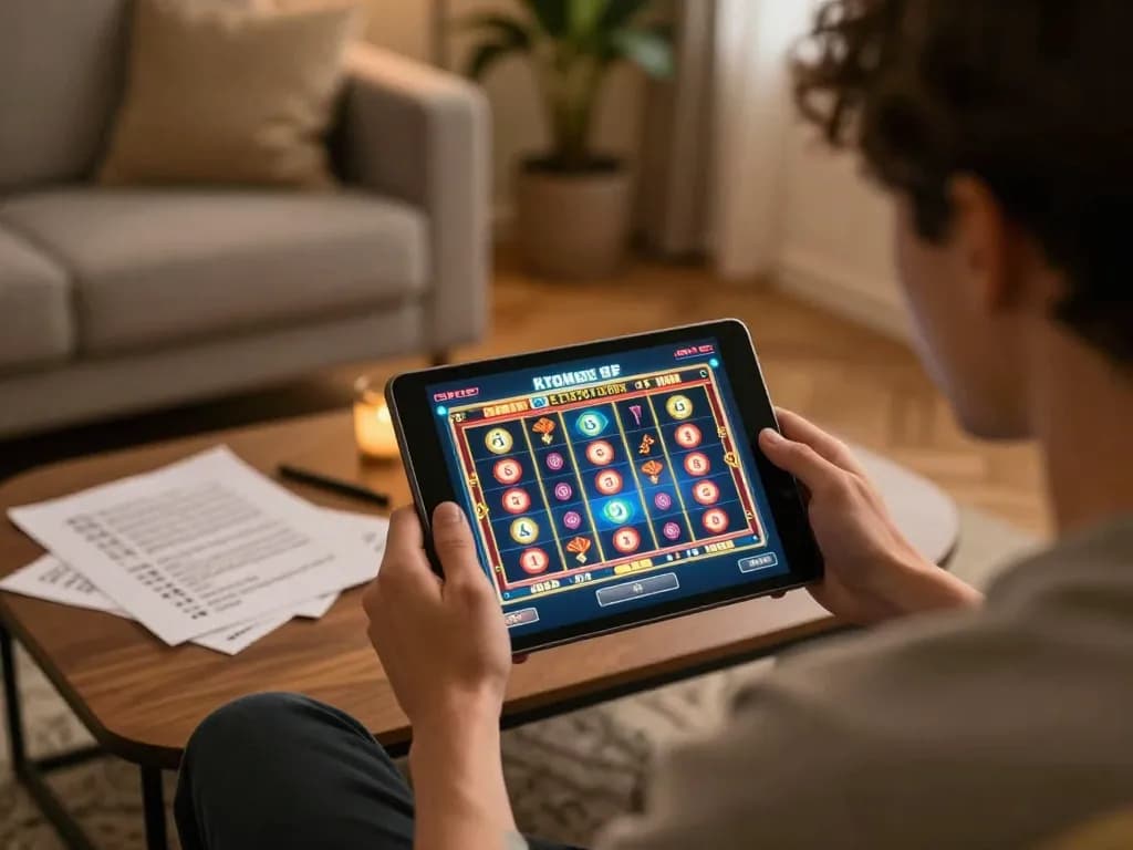 Bermain permainan slot online di platform aman788, menampilkan suasana rumah yang nyaman