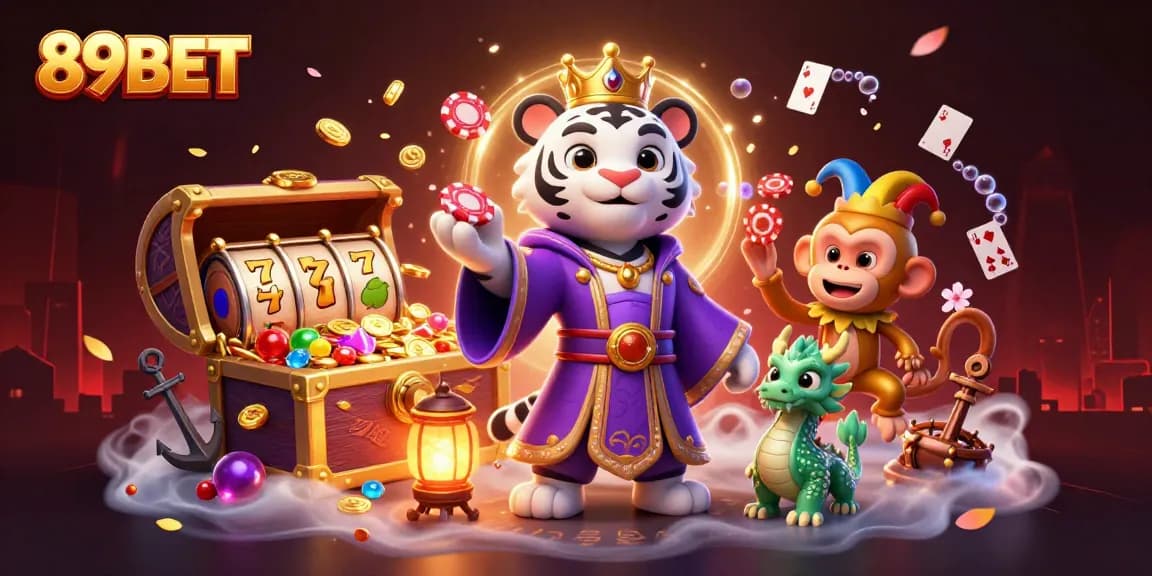 Engage in exciting gaming with 89BET featuring a lively scene of a royal tiger, playful monkey, and jade dragon.