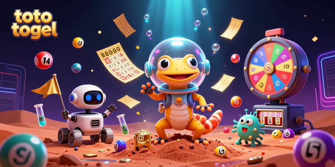Experience thrilling toto togel action with colorful lottery balls and a playful Martian gecko in a fun cosmic casino.