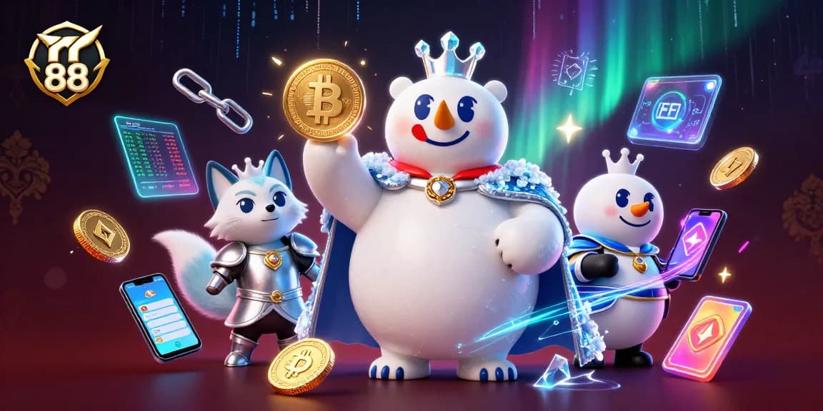 Experience the thrill of rr 88 with 3D characters amidst glowing cryptocurrency elements.