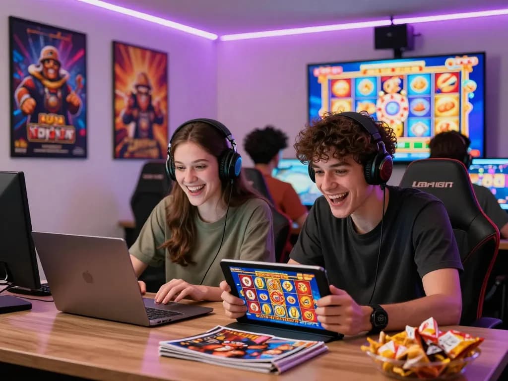 Pemain menikmati slot online laoban188 di perangkat dalam ruangan permainan yang meriah.