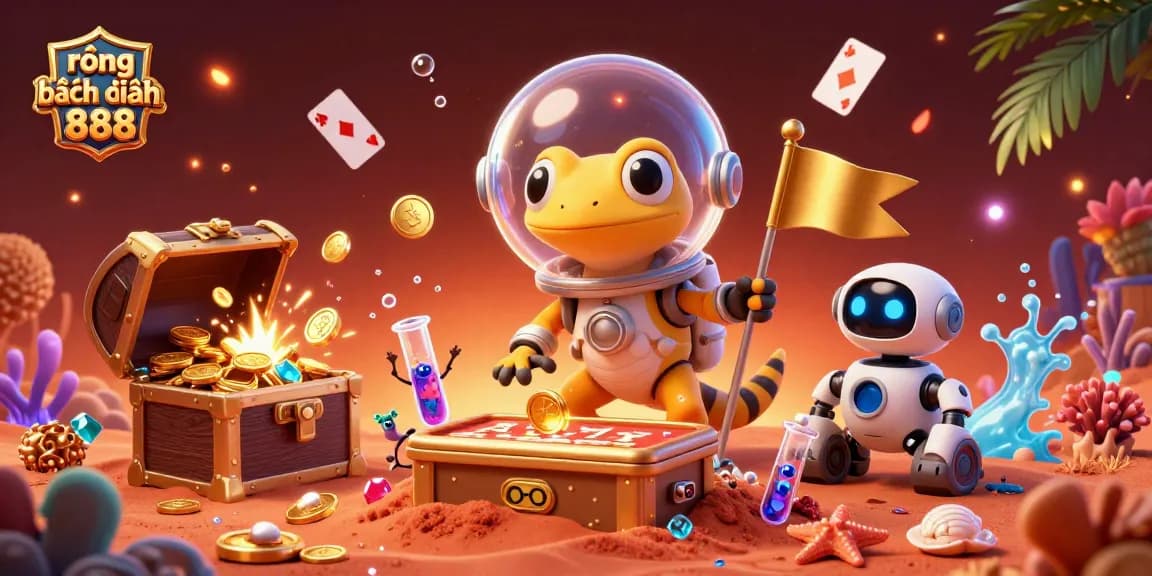 Spectacular scene of rồng bạch kim 888 showcasing a Martian gecko uncovering a buried golden casino, with dynamic gambling elements.
