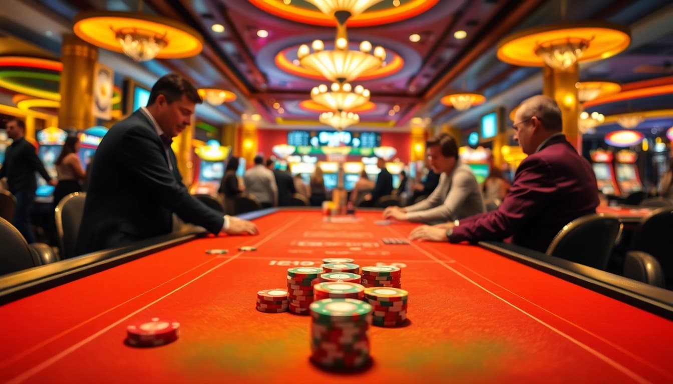 Situs toto di meja kasino yang hidup dengan poker chips berwarna-warni dan kartu.