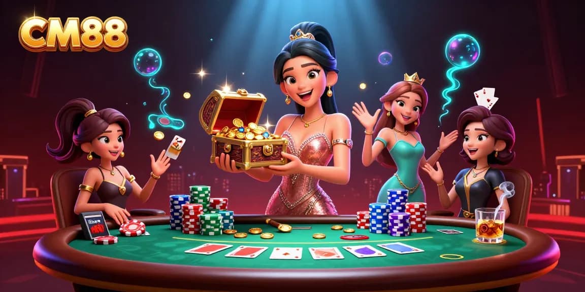 Experience the excitement of CM88's treasures at the casino with golden gems and poker elements.
