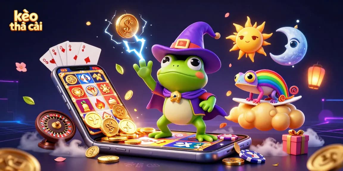 Engage with kèo nhà cái through an exciting gaming scene of a wizard, a chameleon, and vibrant casino elements.
