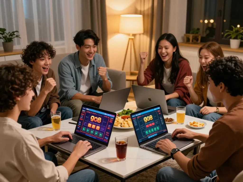 Friends enjoying an engaging online gaming session at home with go8 casino on display.