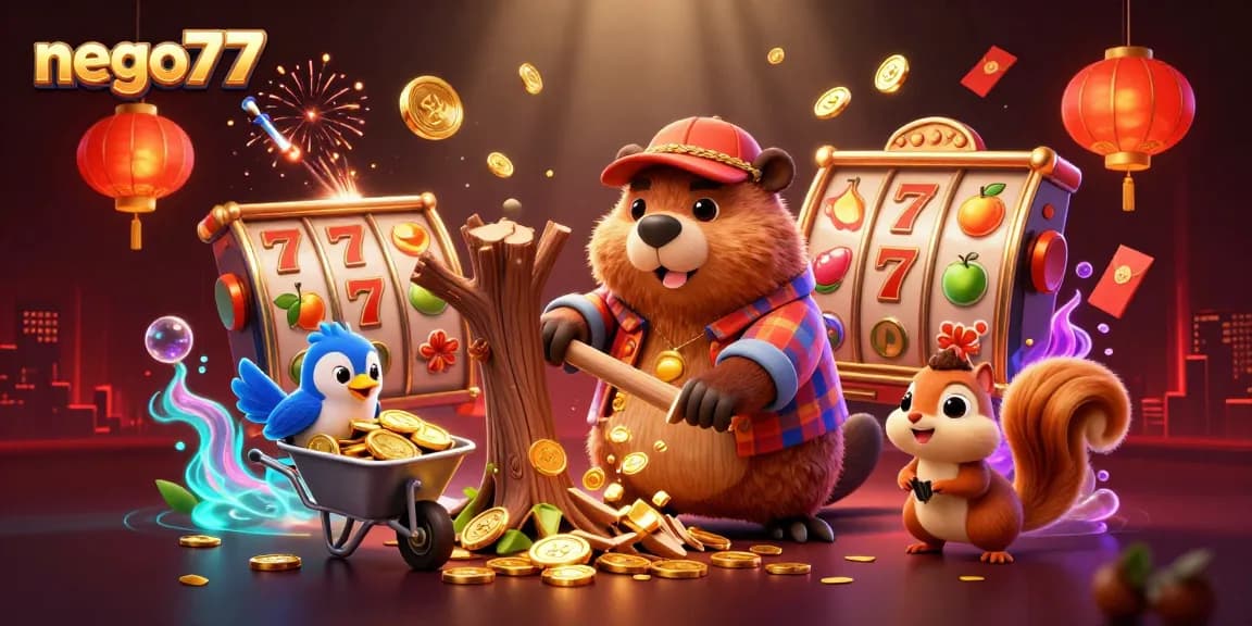 Engage with the exciting world of nego77 through this vibrant illustration showcasing slots, coins, and lucky characters.