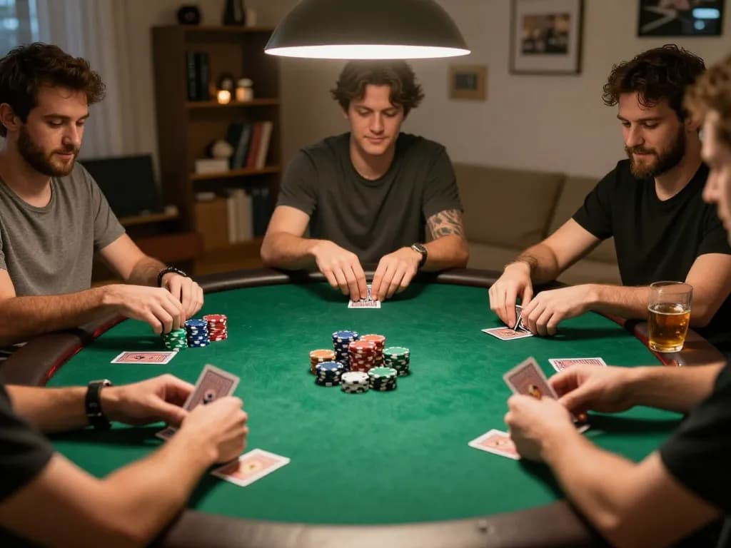 Engaging poker players strategizing their next moves, revealing kp88 gaming tension and excitement in a cozy home setting