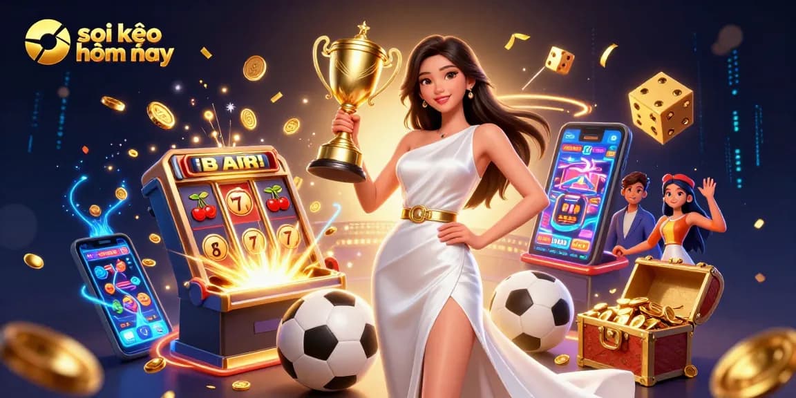 Soi kèo hôm nay featuring a victorious Asian woman with a trophy amidst vibrant sports betting elements and casino riches.