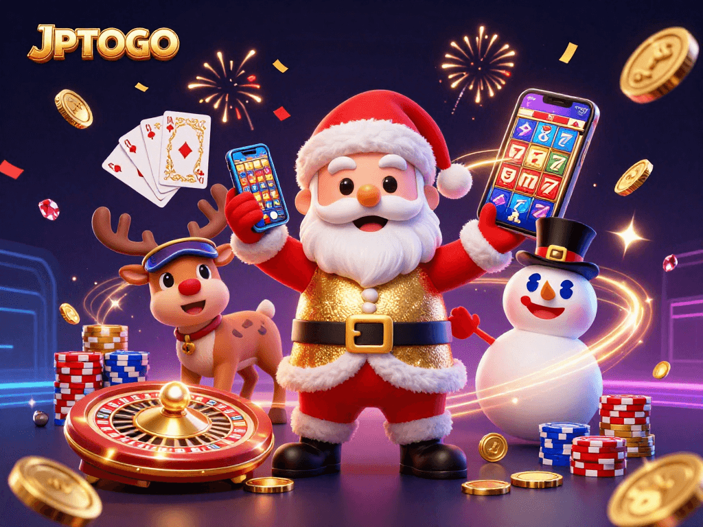 Experience the thrill of JPTOTO with festive casino characters, jackpot slots, and festive celebration!