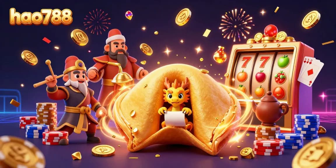 Menggandakan kesenangan bermain di HAO788 dengan fortune cookie berkilau, naga bijaksana, dan elemen slot yang mengesankan.