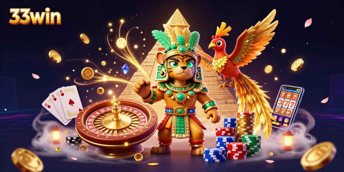 Experience the excitement of 33win with a vibrant 3D casino scene showcasing games and treasures.