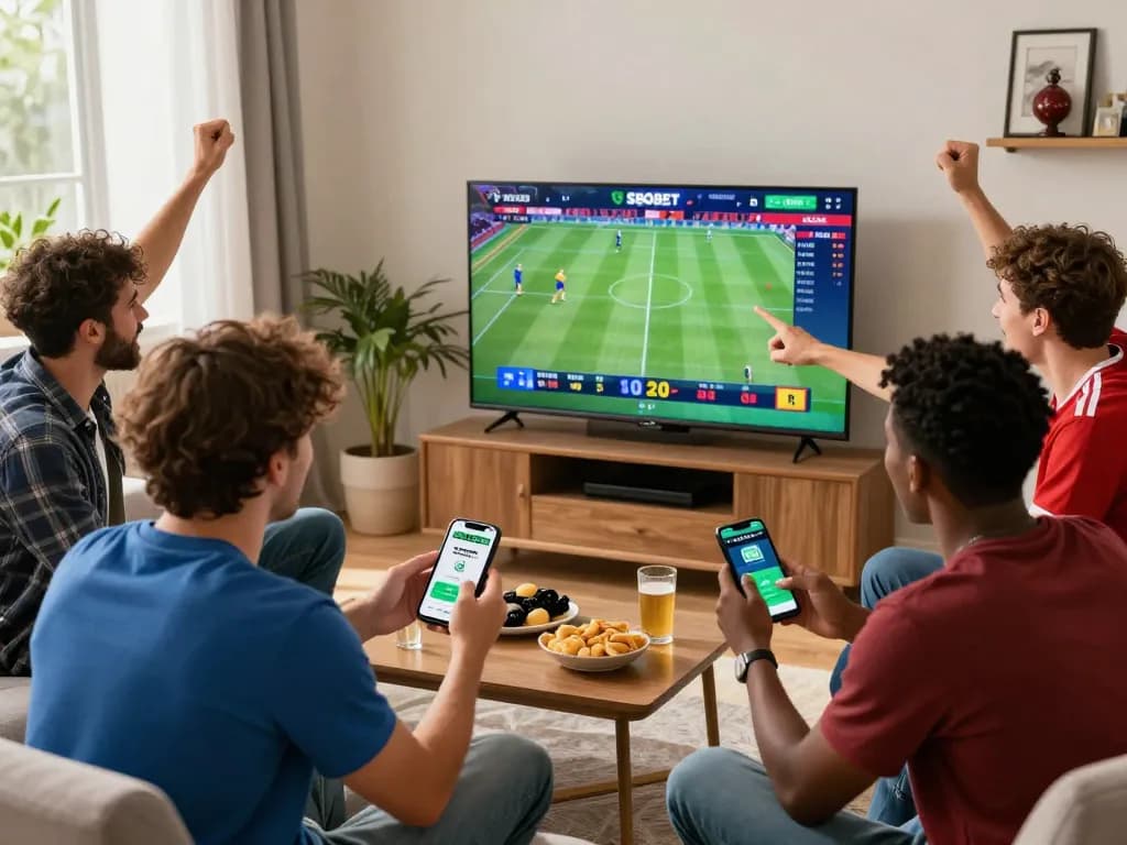 Friends enjoying a lively sports betting atmosphere with SBOBET app on mobile.