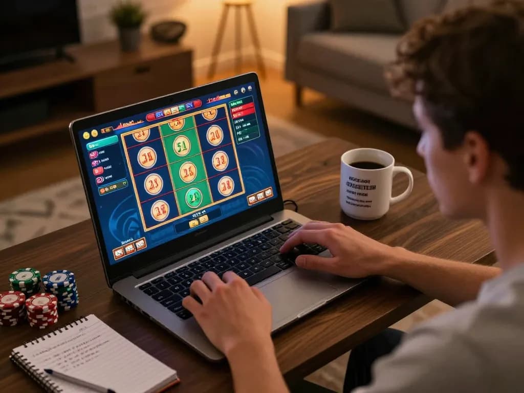 Nego77 player engaging with online slots at home with strategy notes beside their gaming setup