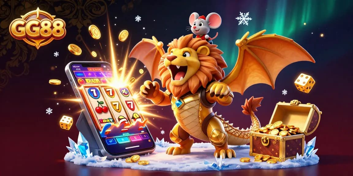 Experience thrilling jackpots with GG88 as a triumphant chimera and mouse jockey celebrate amidst flying casino symbols.