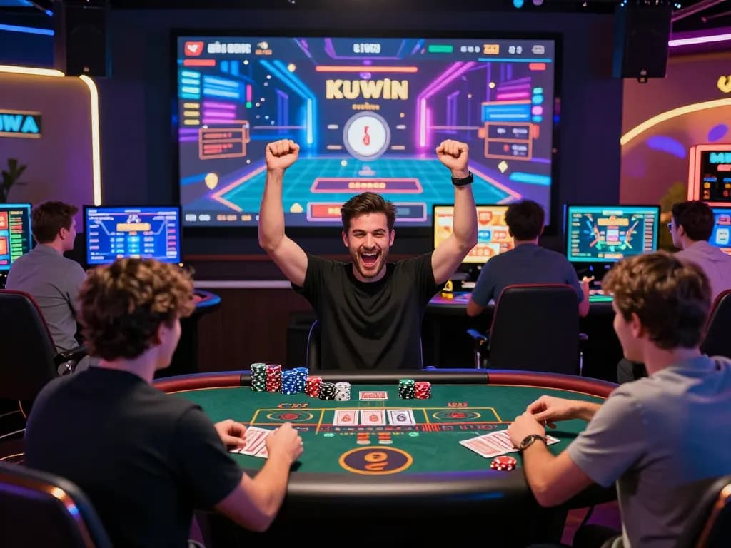 Online gaming celebration scene at https://kuwincom.net/, showcasing excitement in a vibrant casino atmosphere.